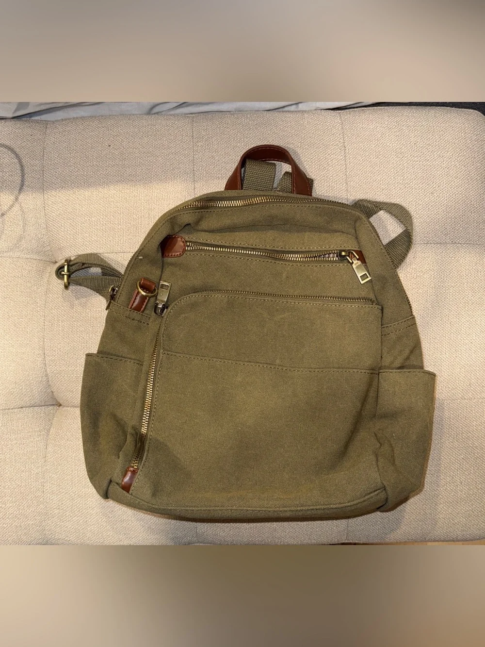 Olive Canvas Backpack with Leather Trim
